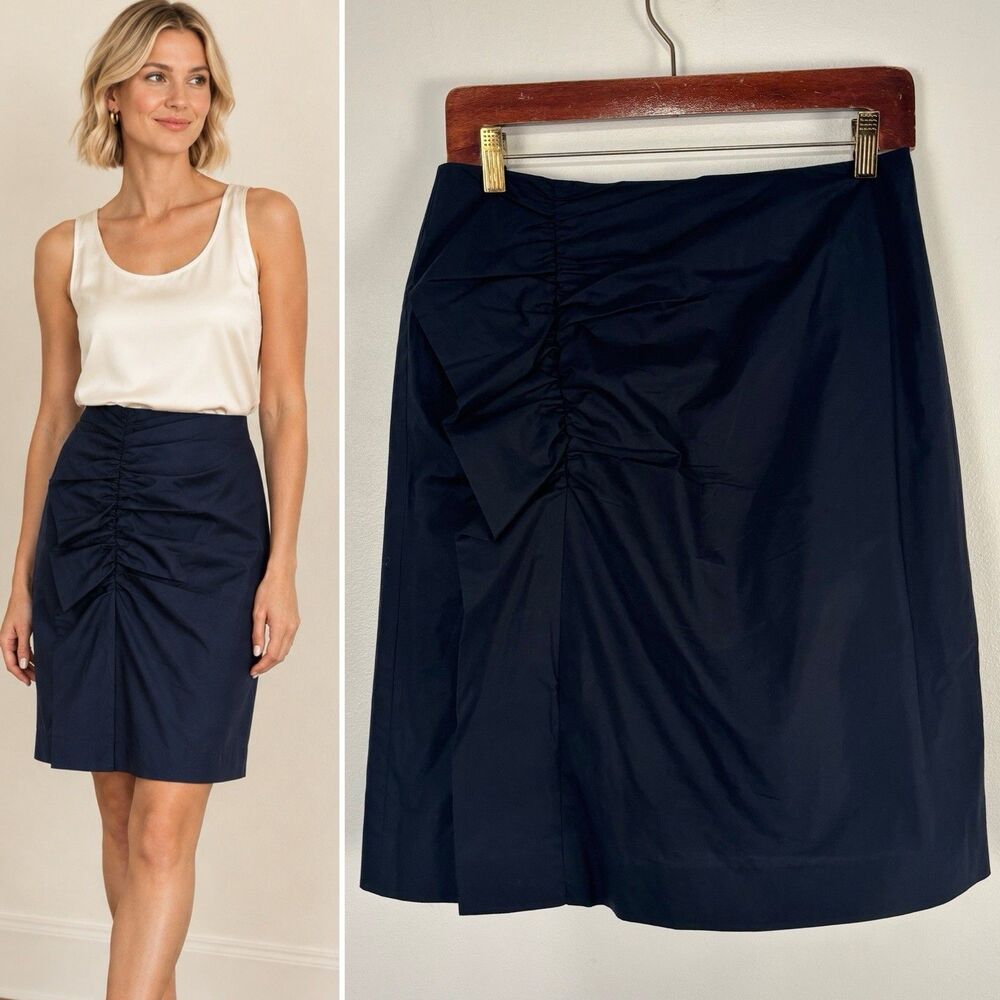 Ann Taylor Skirt Size 4 Navy Blue Cotton Spandex Ruched Side Pencil Lined Career